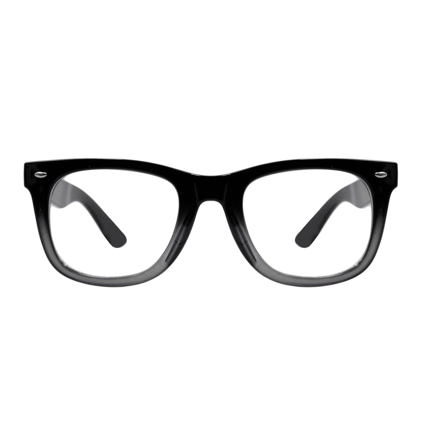 Black plastic eyeglasses with rounded rectangle frames and dark nose bridge details