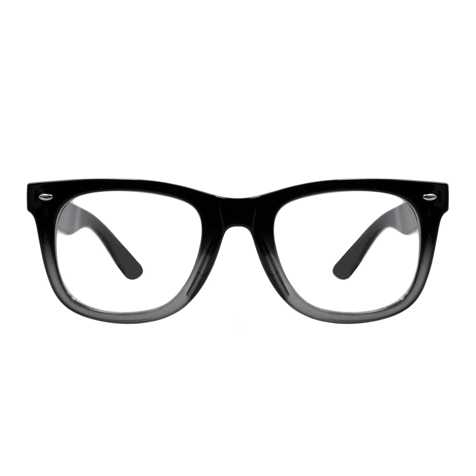 Black plastic eyeglasses with rounded rectangle frames and dark nose bridge details