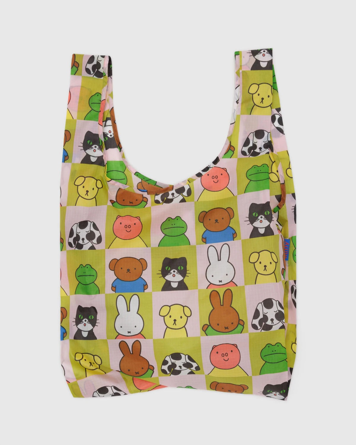 Baggu reusable tote with colorful animal cartoon print, wide open bag