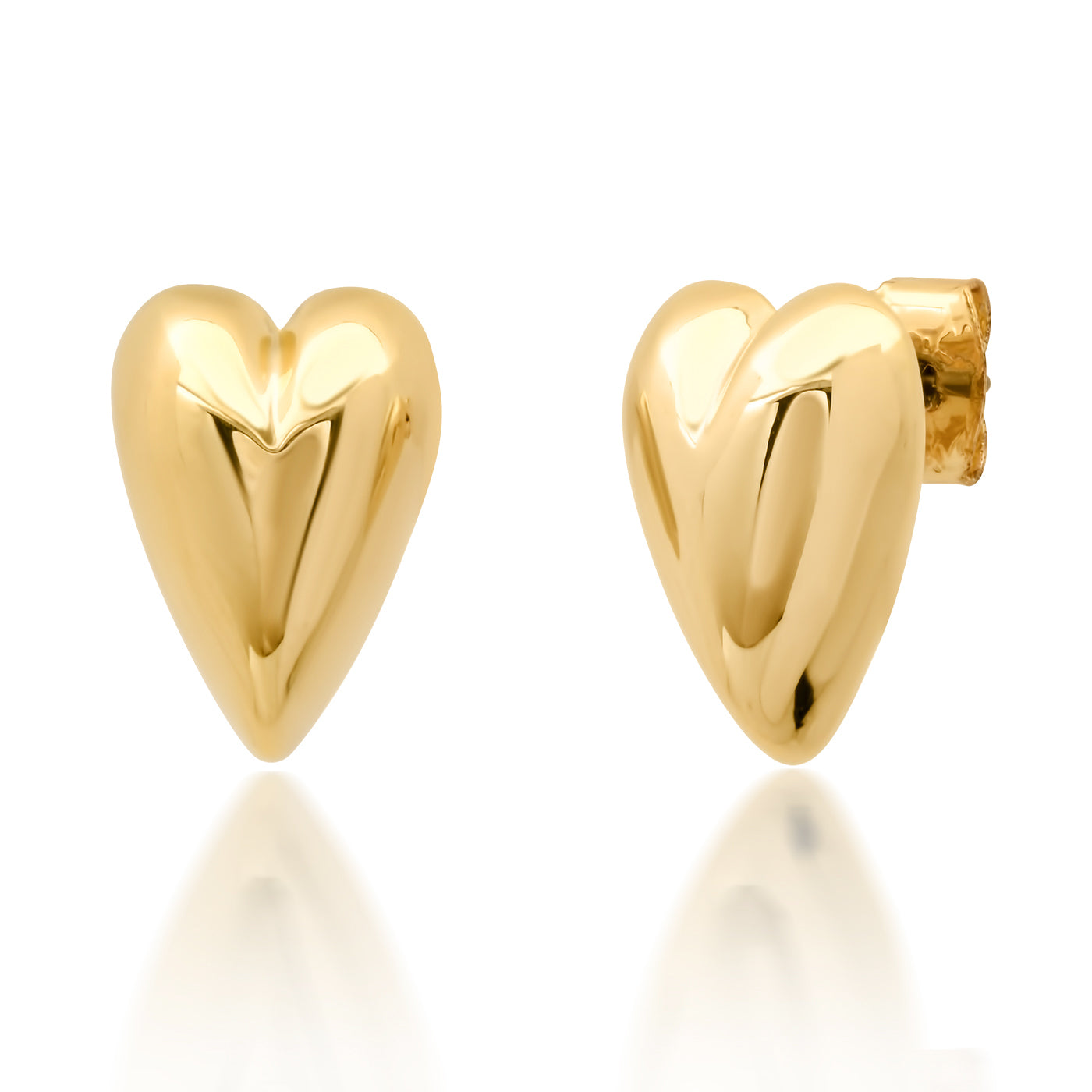 Gold-tone heart stud earrings, glossy puffed heart with post backs visible.