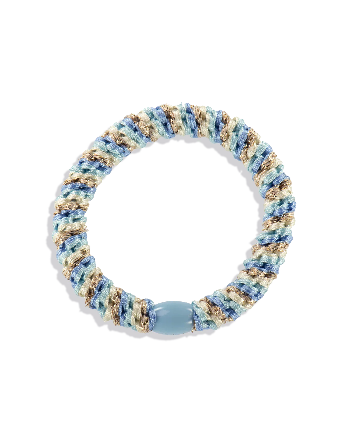 Woven glitter hair tie in light blue and beige with a pale blue center