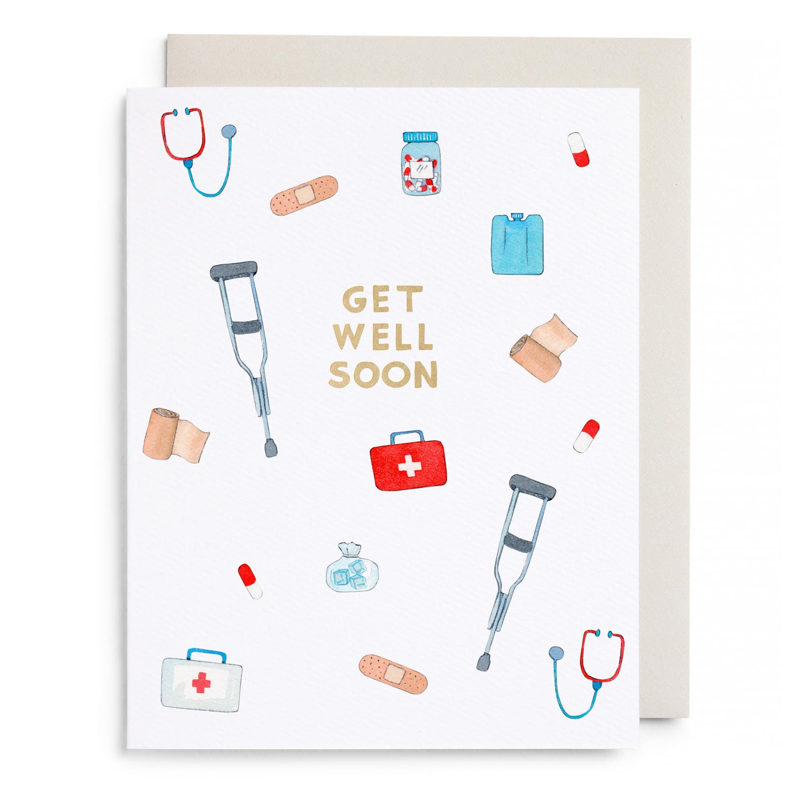 First aid kit greeting card with medical icons and 'GET WELL SOON' text