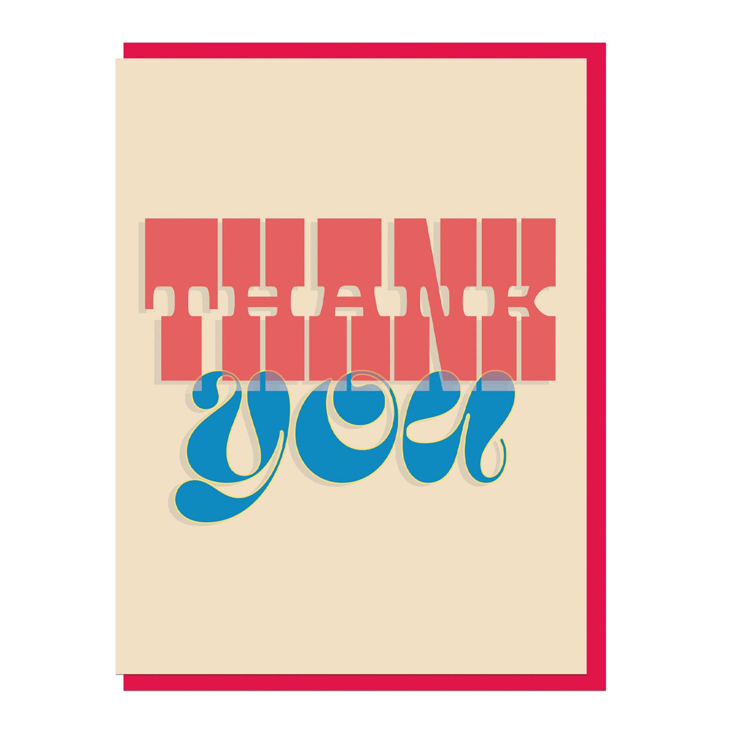 Thank you overlay greeting card with cream background, red border, and blue “you” text