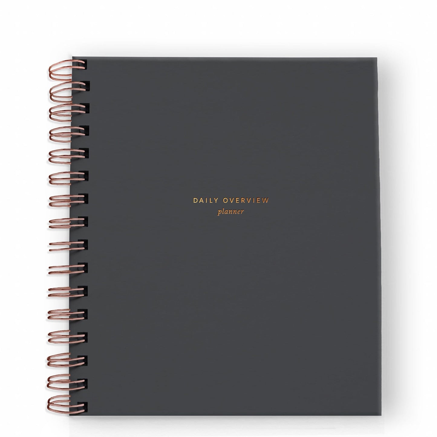 Charcoal spiral-bound daily overview planner with black coil rings