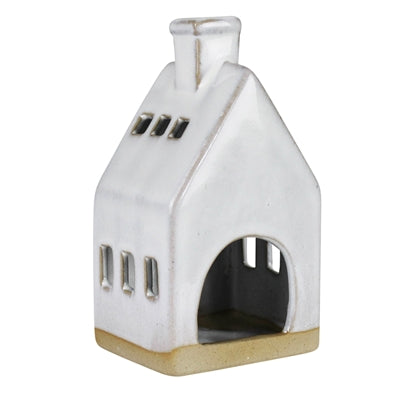 Ceramic cottage, white house decor with arched doorway and side window cutouts