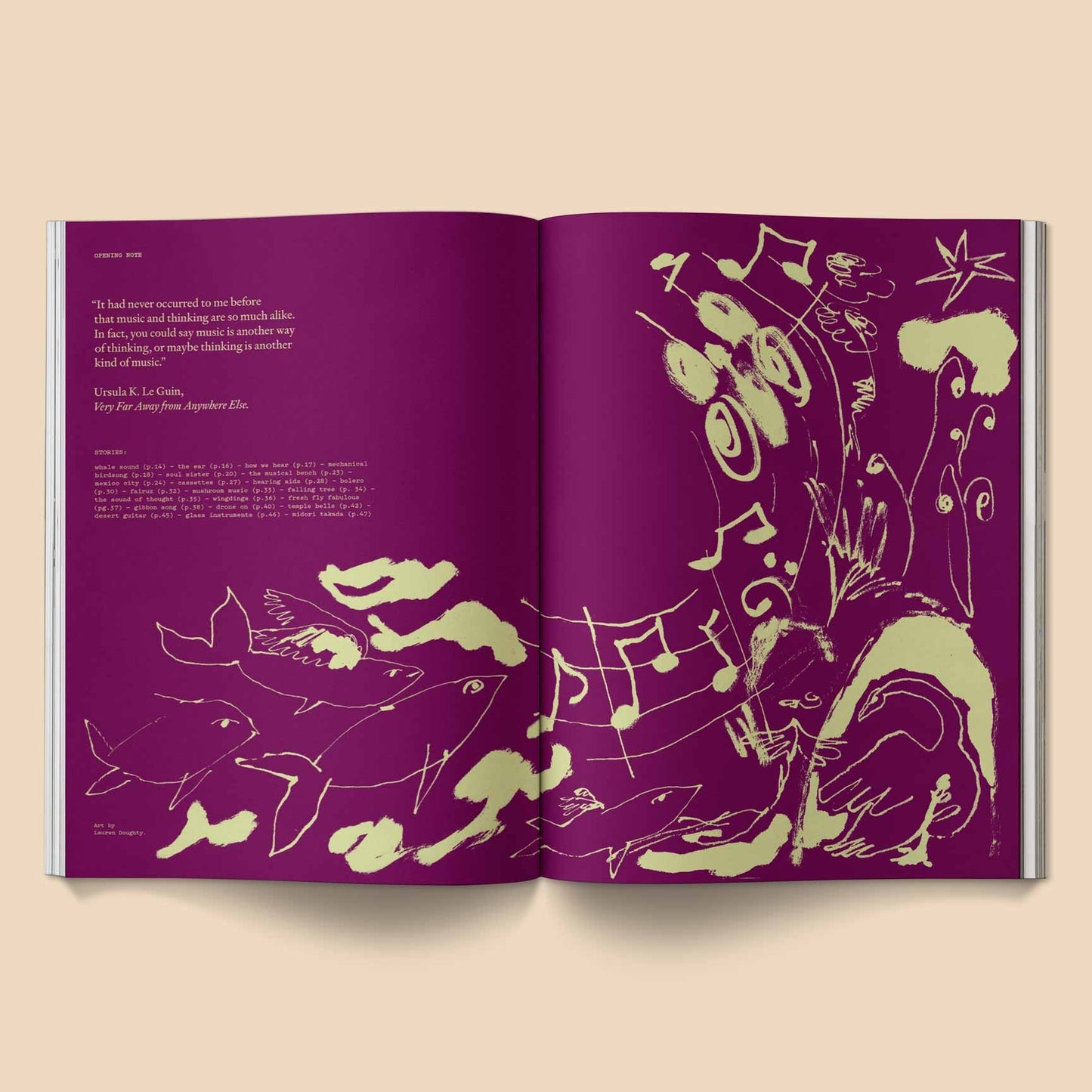 Opened music magazine spread with purple background and yellow musical line-art figures