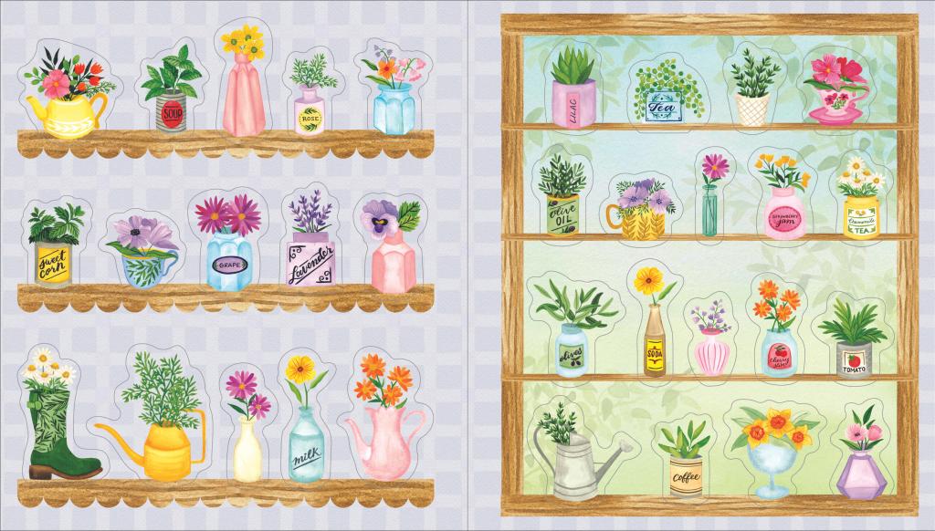 Plant sticker pages showing potted plants, flowers, and bottles on shelves