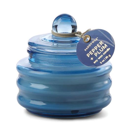 Blue scented jar candle with scent tag: Pepper + Plum