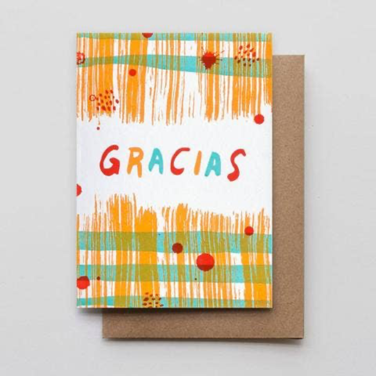 Gracias Brushies card with orange striped pattern and red GRACIAS text