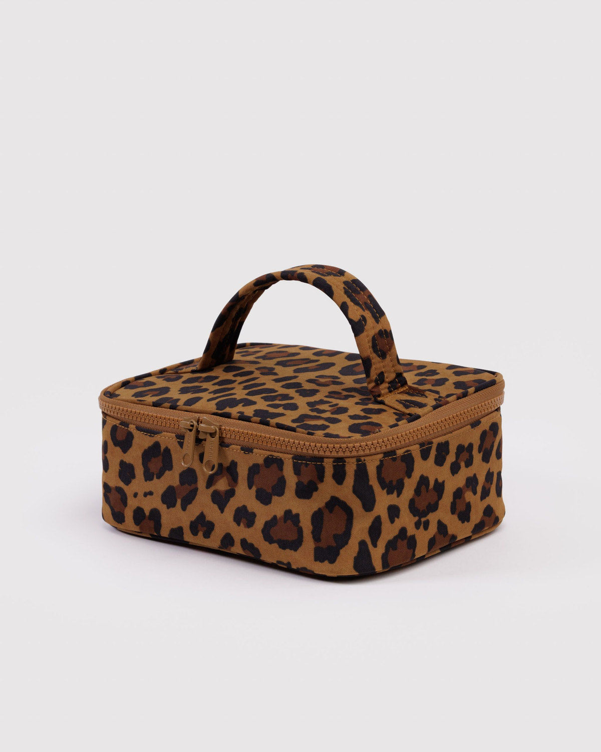 Small cosmetic case, leopard print fabric with top zip and carry handle
