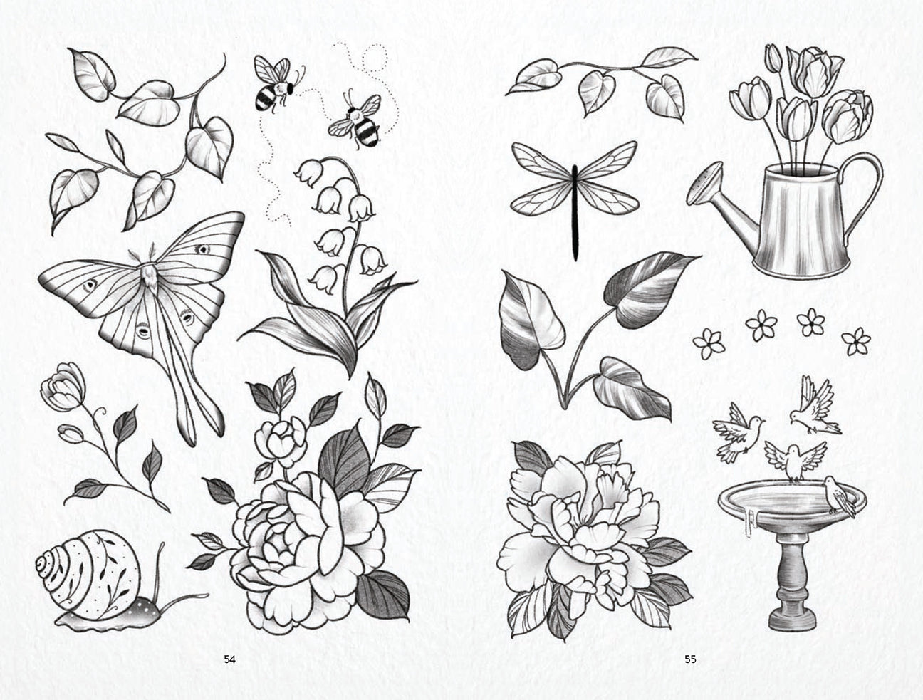 Black-and-white tattoo flash page with flowers, ribbons, bees, and stacked heart motifs