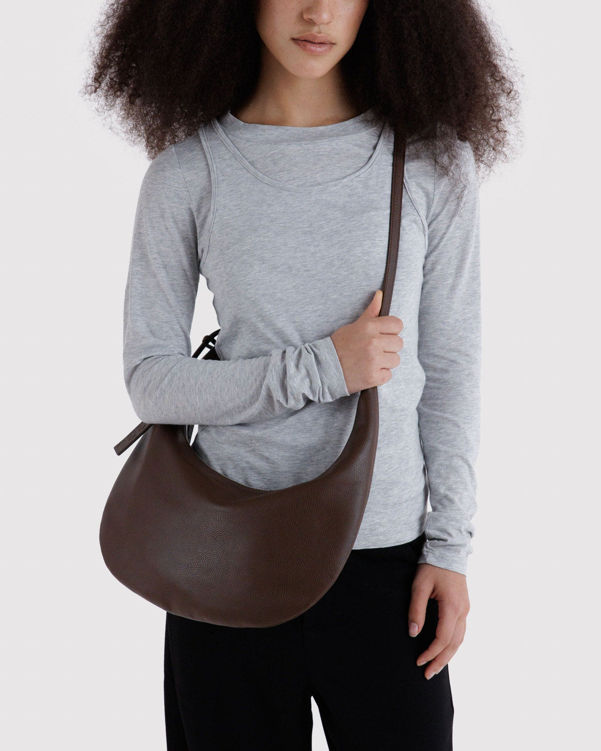 Medium crescent hobo bag in dark brown recycled leather, crescent shape with zip top