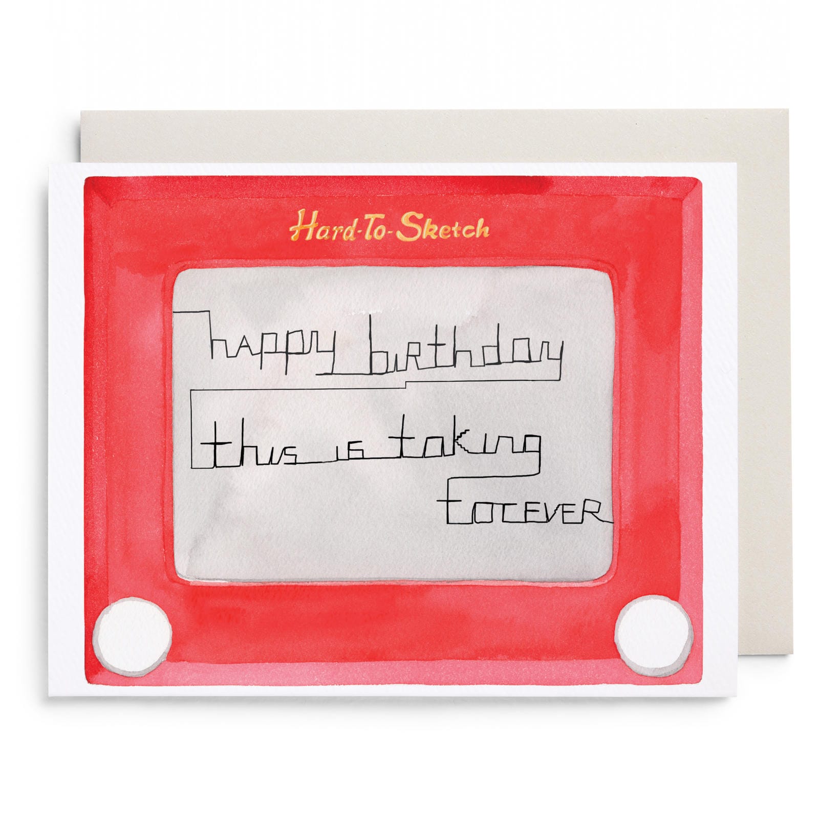 Birthday card with red frame and hand-drawn “Happy birthday” plus “This is taking forever”
