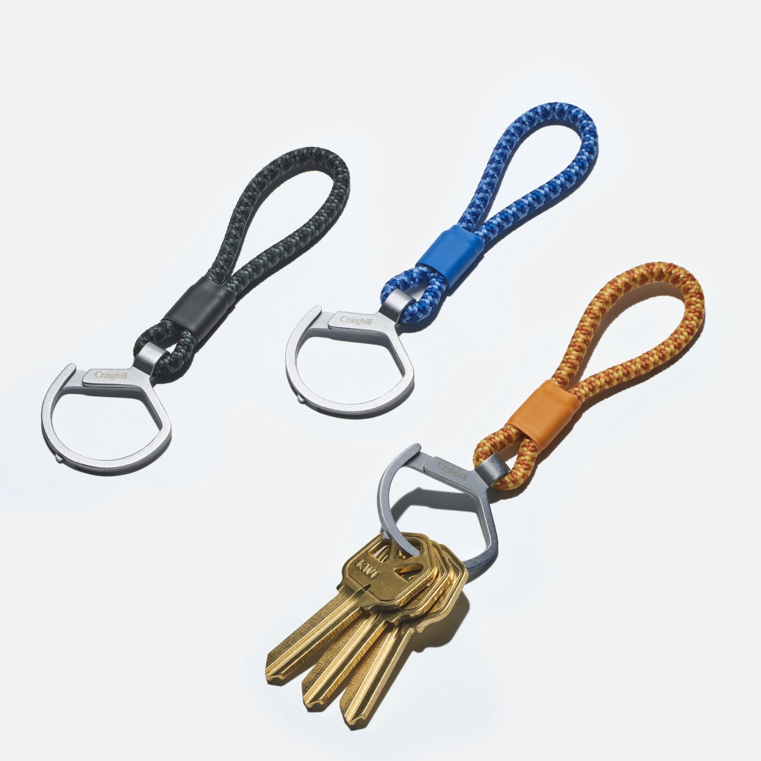 Rope split ring keychain set with braided loops and metal split rings in four colors