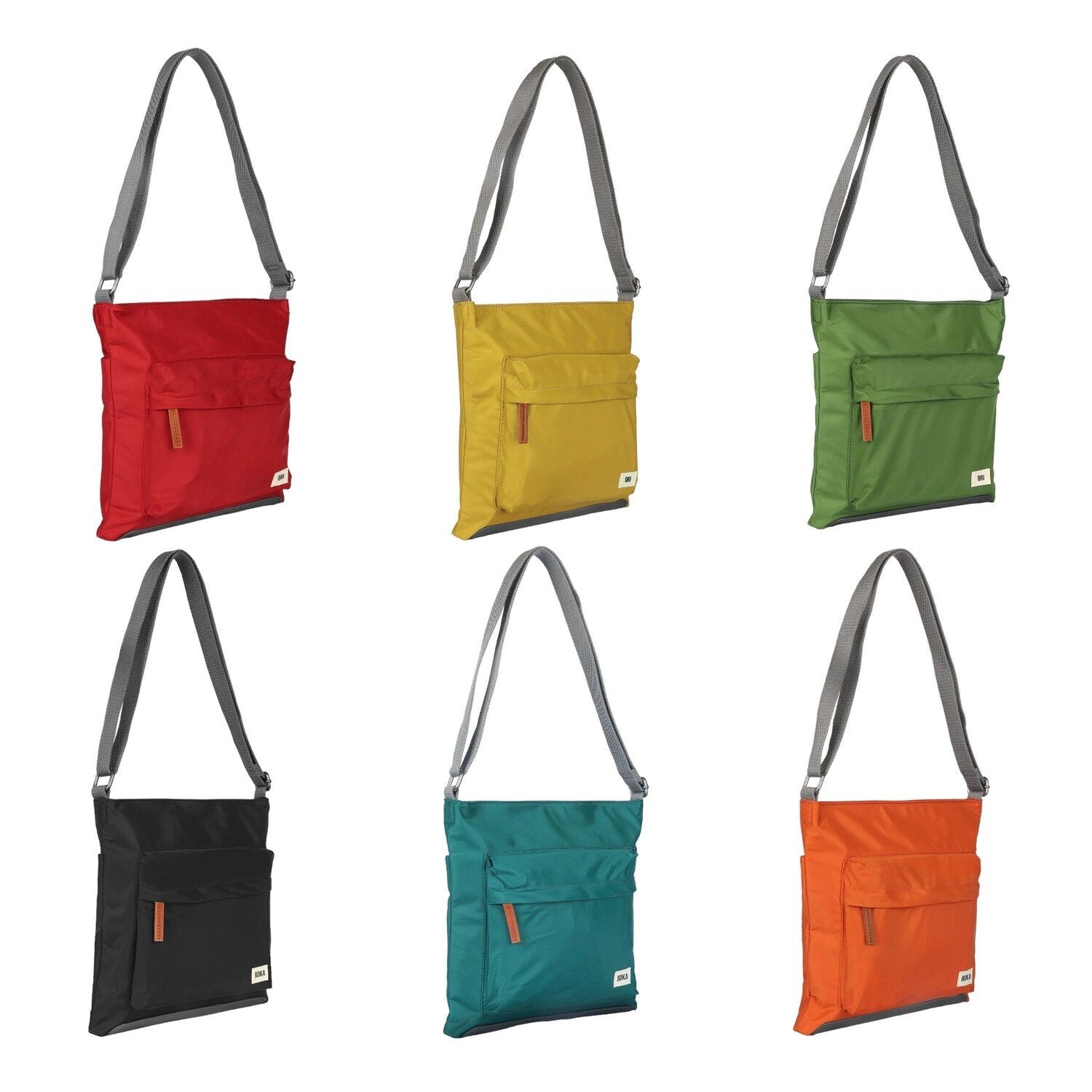 Sustainable nylon crossbody bag, multi-color set showing six color options