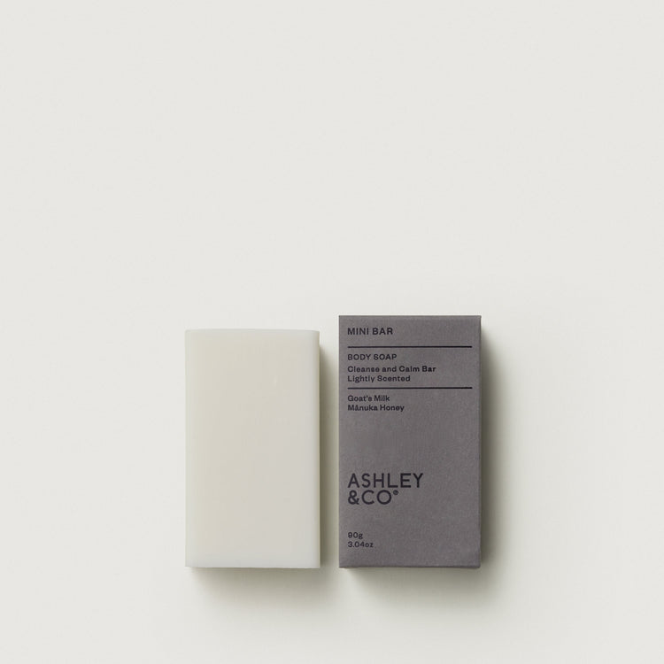 Mini soap bar with white bar and gray Ashley & Co box