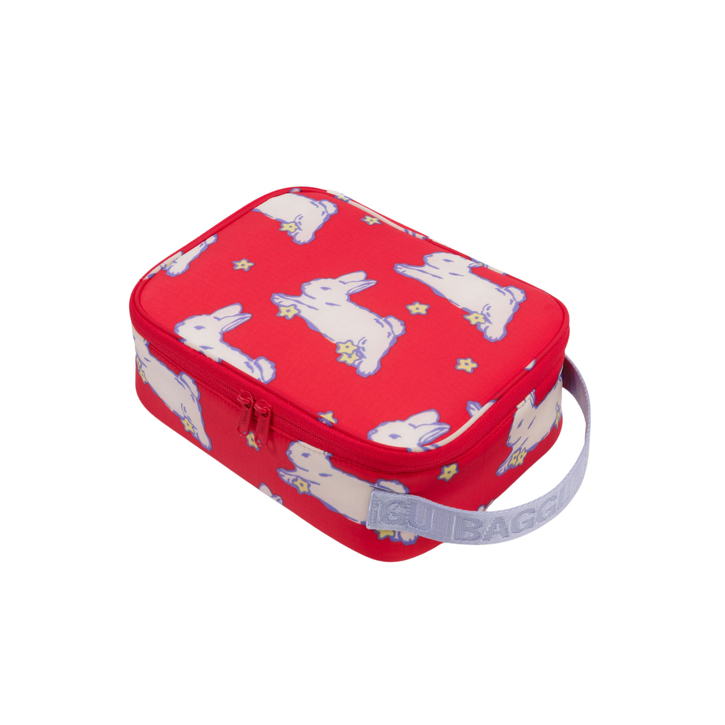 Red zippered lunch box with cute unicorn pattern and built-in carry handle strap