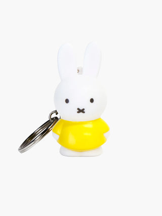 White Miffy rabbit keychain with yellow outfit and metal keyring loop