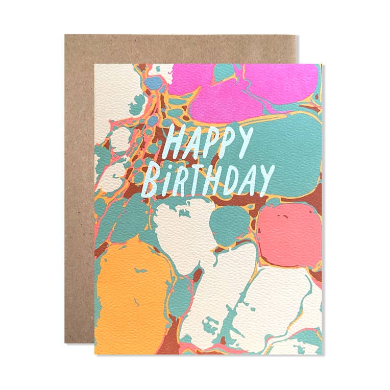 Birthday card with colorful marbled pattern and “HAPPY BIRTHDAY” message