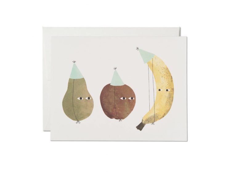 Fruit birthday card with illustrated pear and banana characters