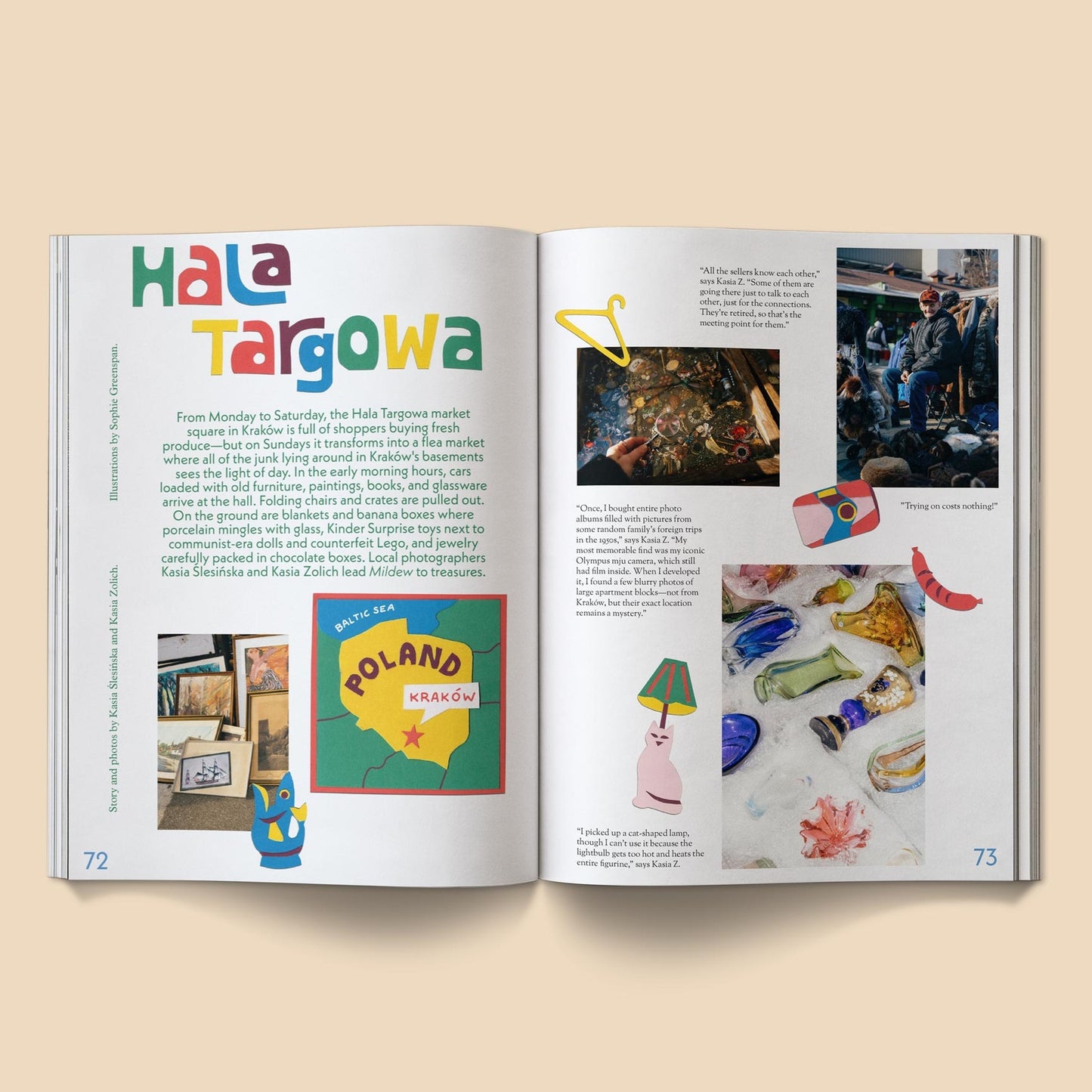 Open magazine spread with colorful infographic layout and illustrated collage images