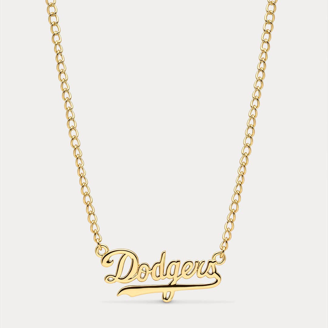 Gold chain nameplate necklace with Dodgers script pendant