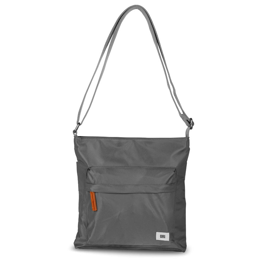 Sustainable nylon crossbody bag in dark gray with zip front pocket