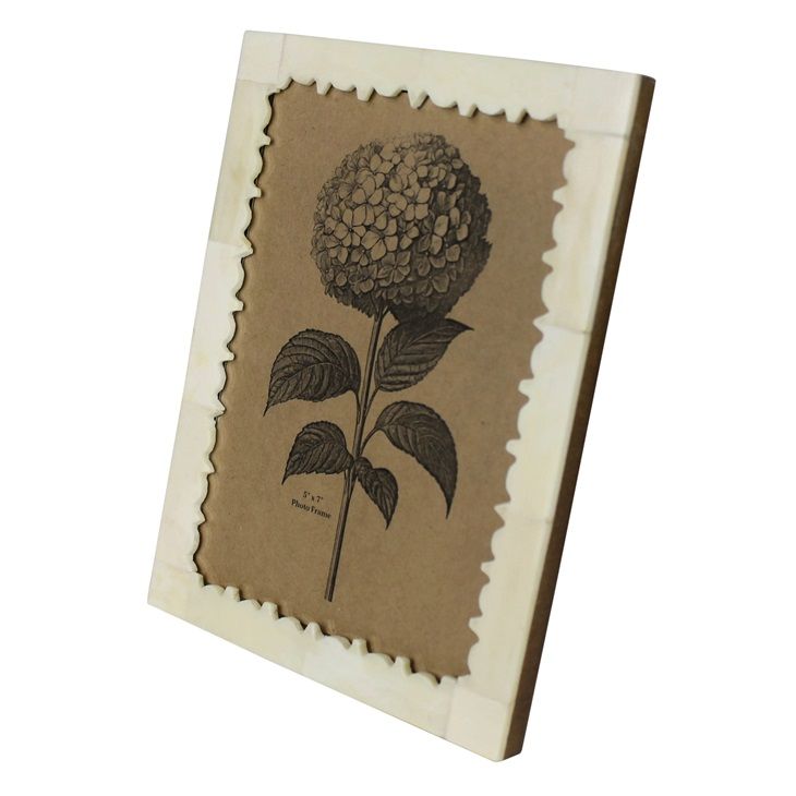 Carved edge bone photo frame, scalloped border, angled view of dark brown tree print.
