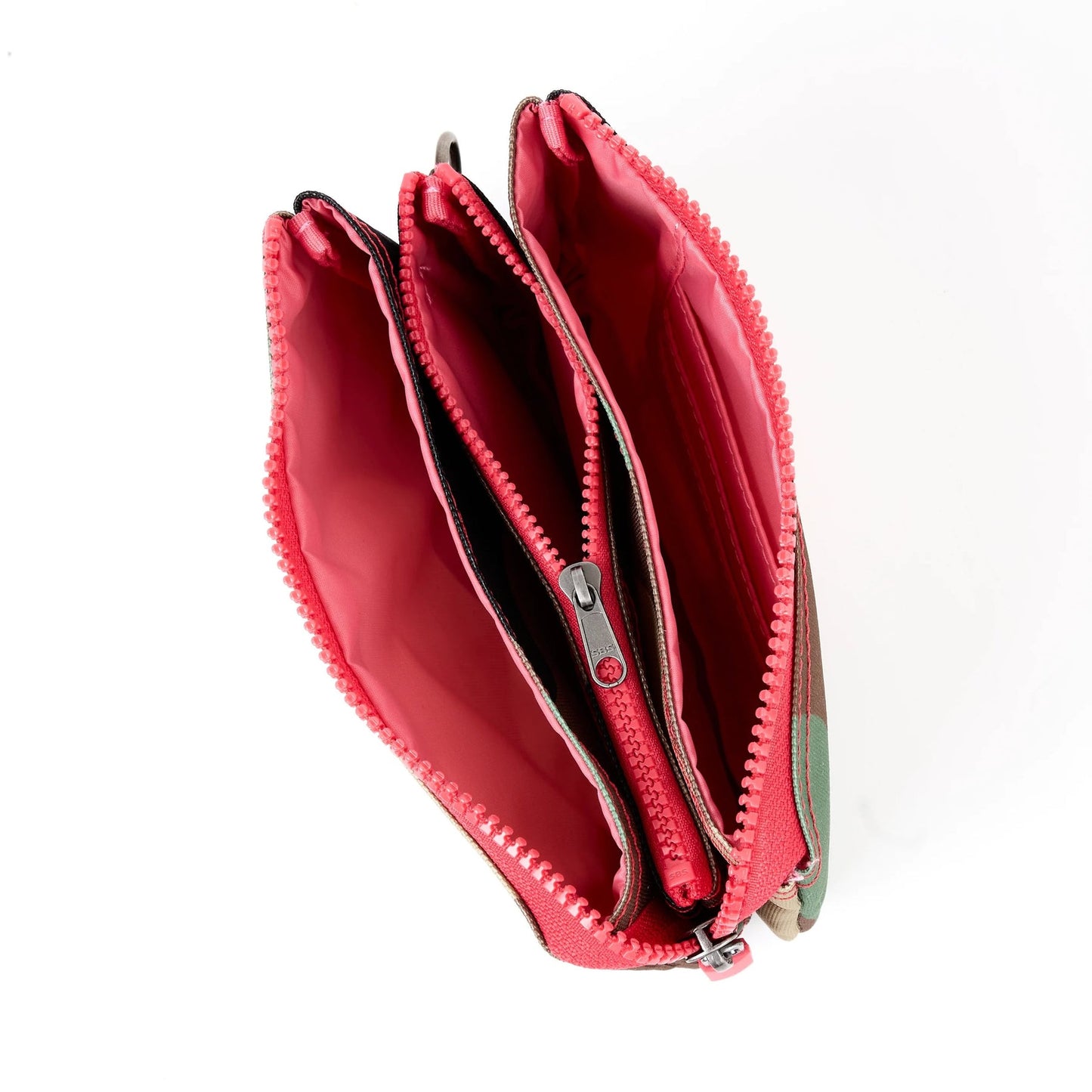 Medium recycled canvas zipper pouch opened wide, showing red-lined interior and two zipper pulls.