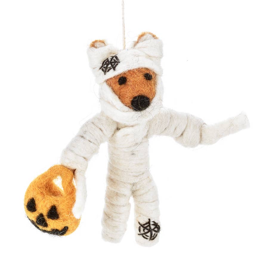Felt fox mummy hanging decoration, white wraps and orange jack-o'-lantern head