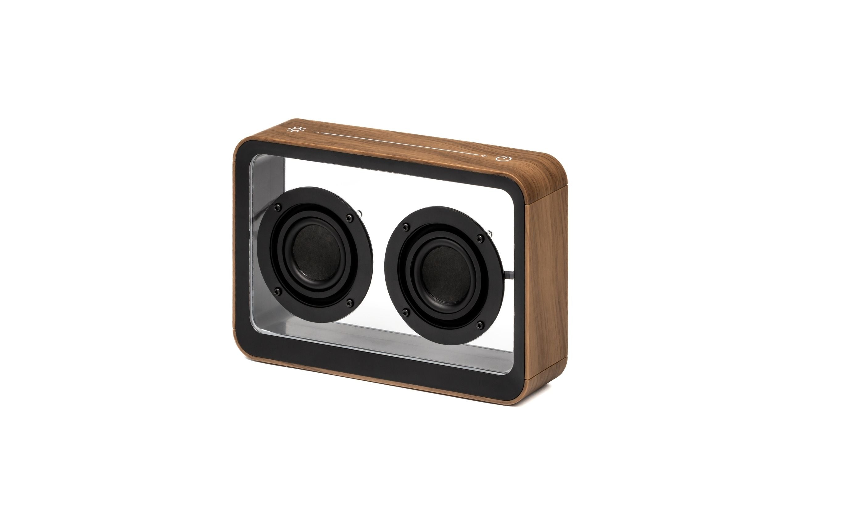 Walnut see-through speaker front with two black woofers in a clear window