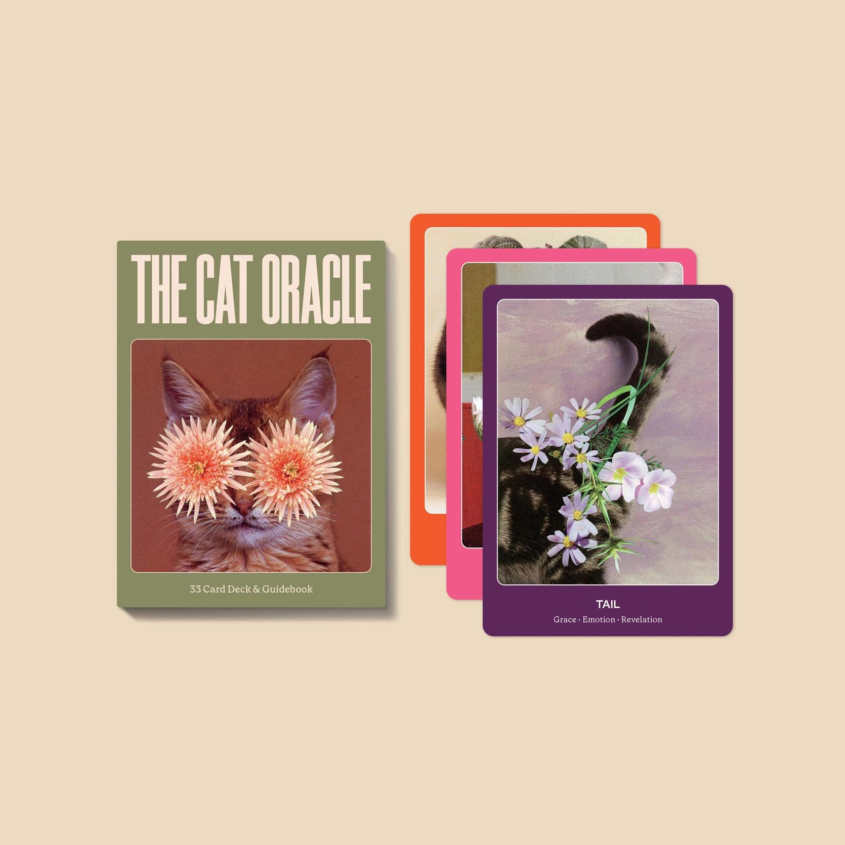Cat oracle card deck box with cat face artwork and colorful card backs