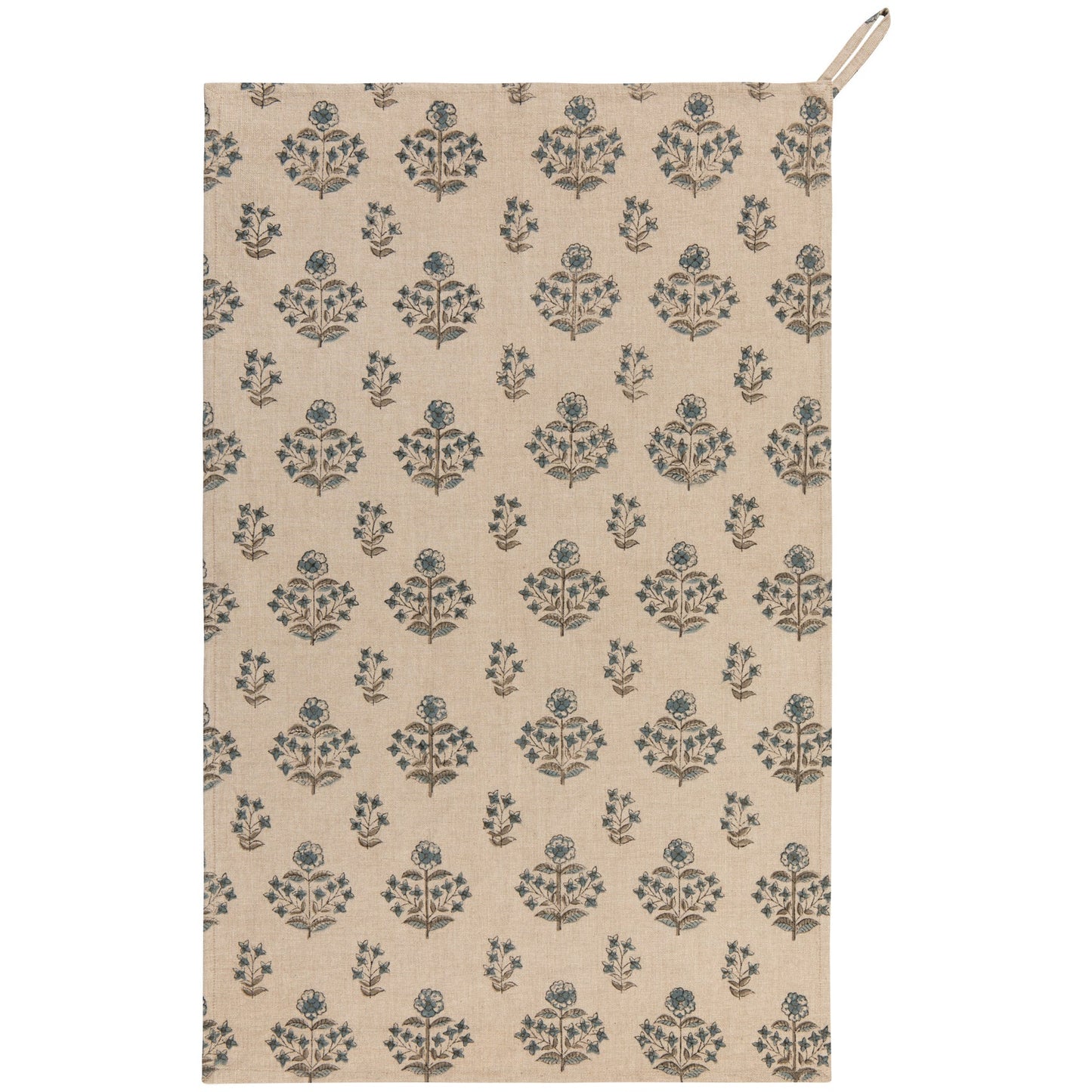 Beige block print dishtowel with teal floral pattern and hanging loop