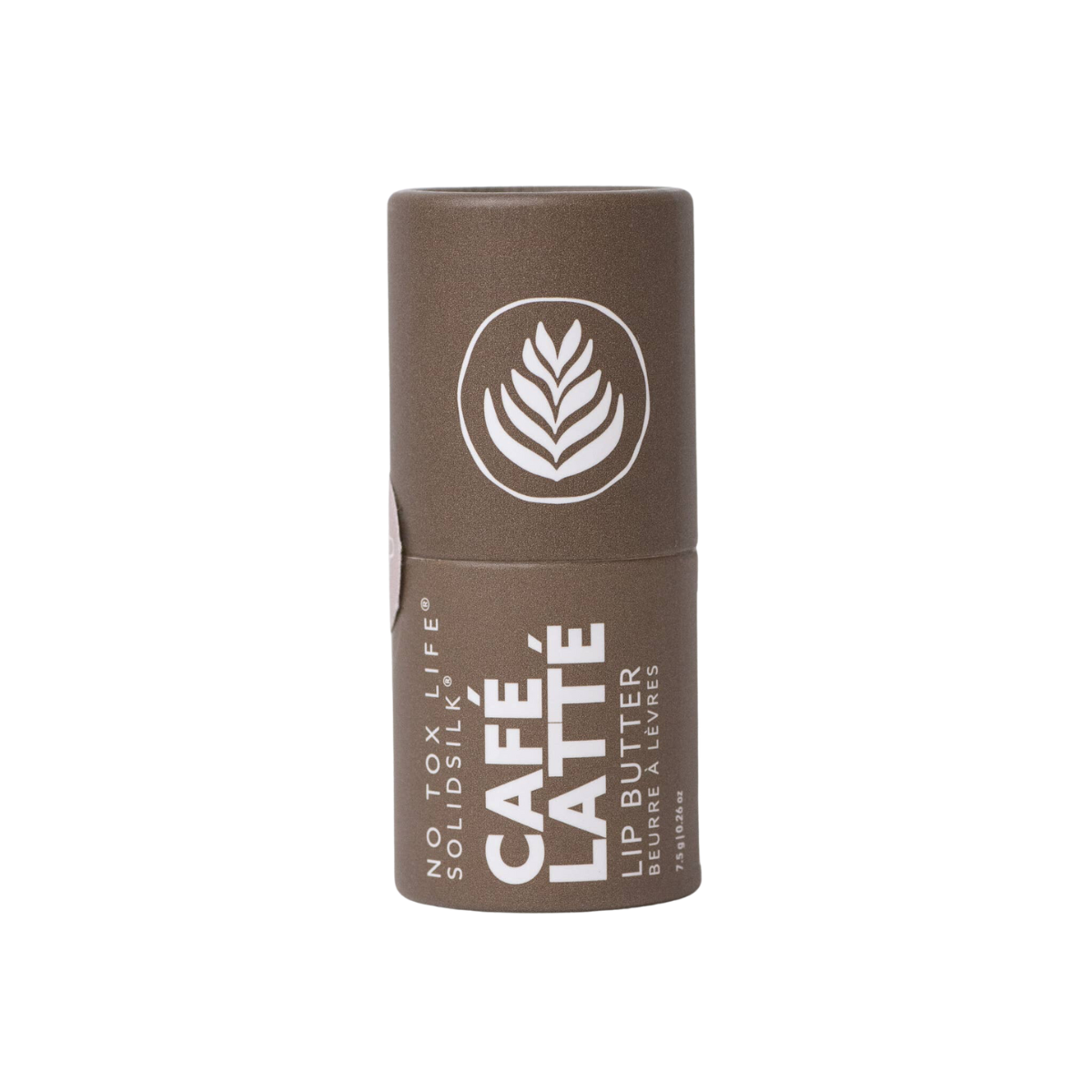 Brown lip butter balm stick in cylinder tube with white logo and Cafe Latte label