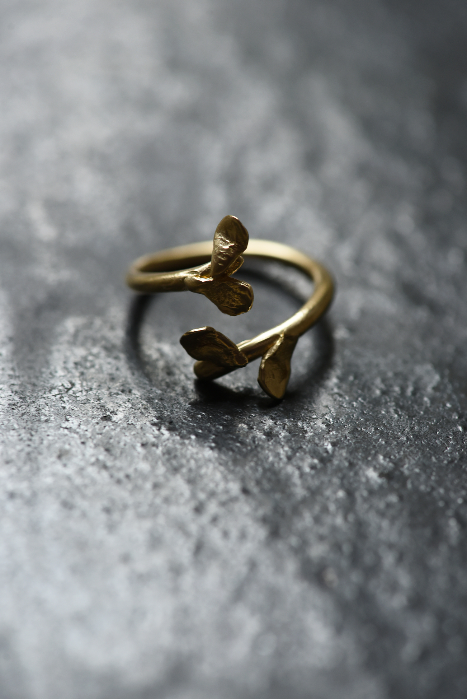 Brass open leaf ring with sculpted leaf design, adjustable band