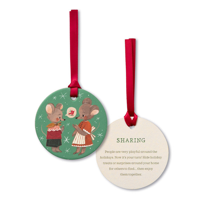 Round hanging mice ornament with green ribbon; paired with 'Sharing' message tag.