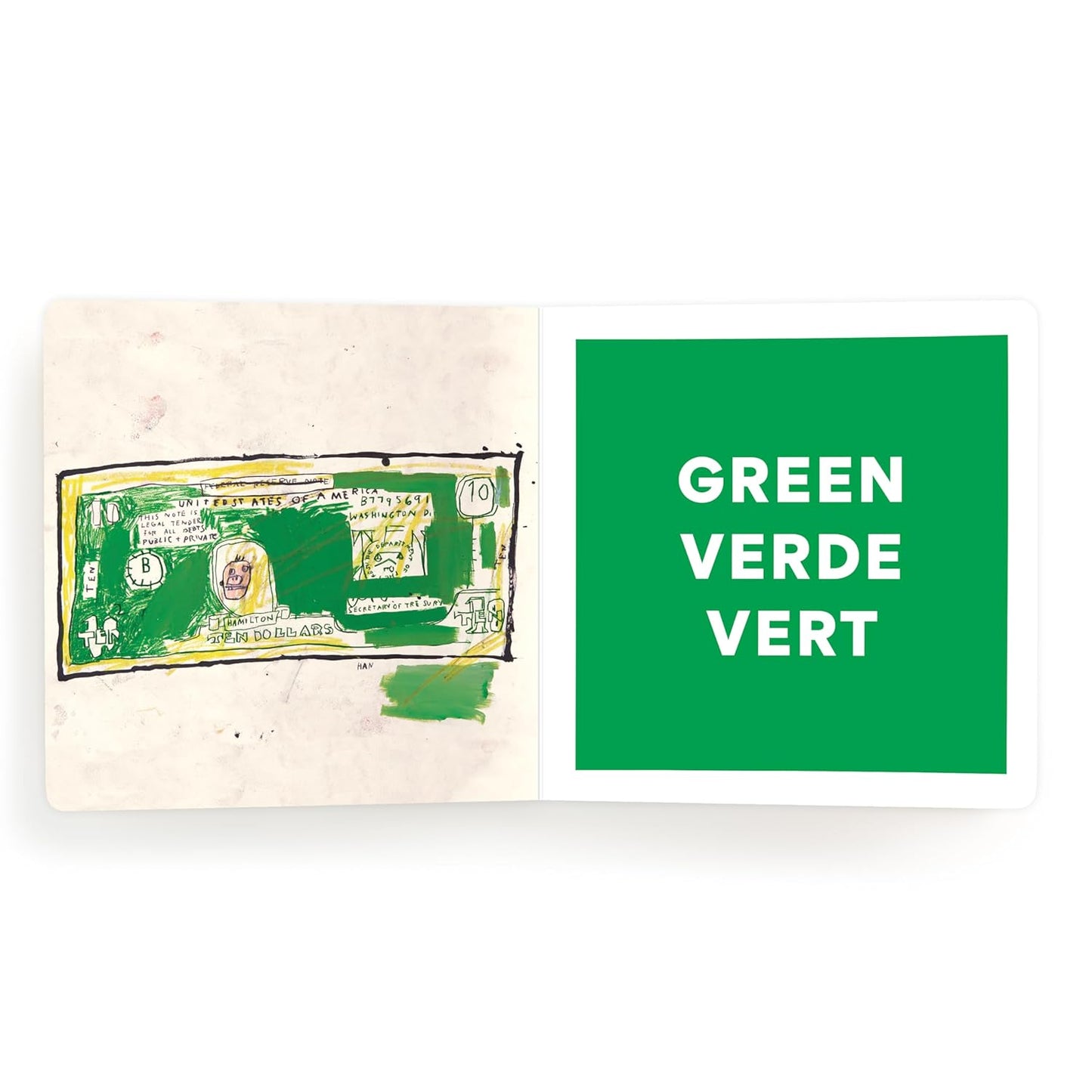 Board book open spread with green artwork and GREEN VERDE VERT color panel