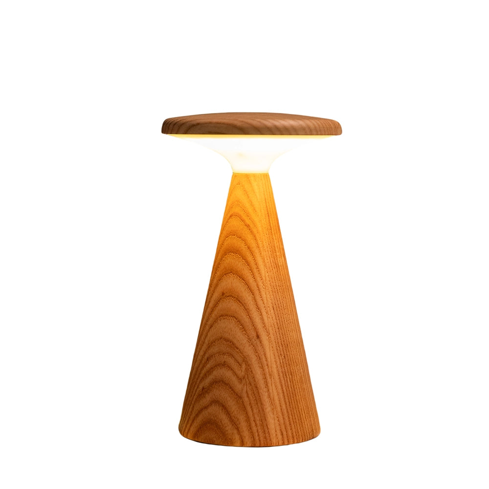 Large wood-grain table lamp with rounded wooden shade and tapered base