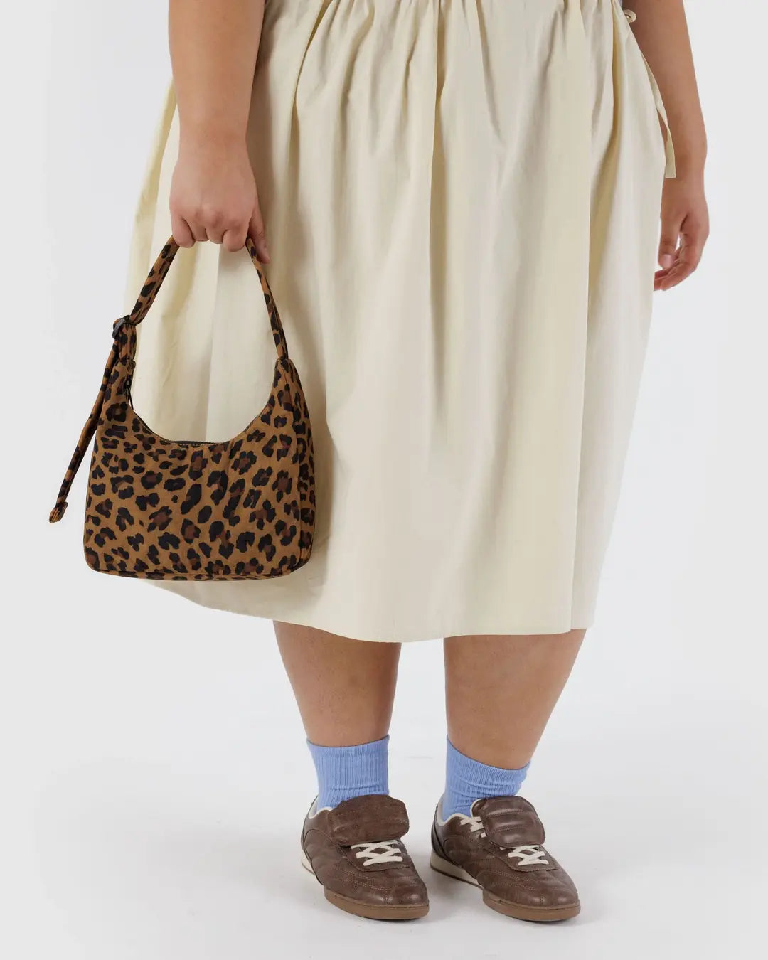 Mini nylon shoulder bag in leopard print with top zip and short handles
