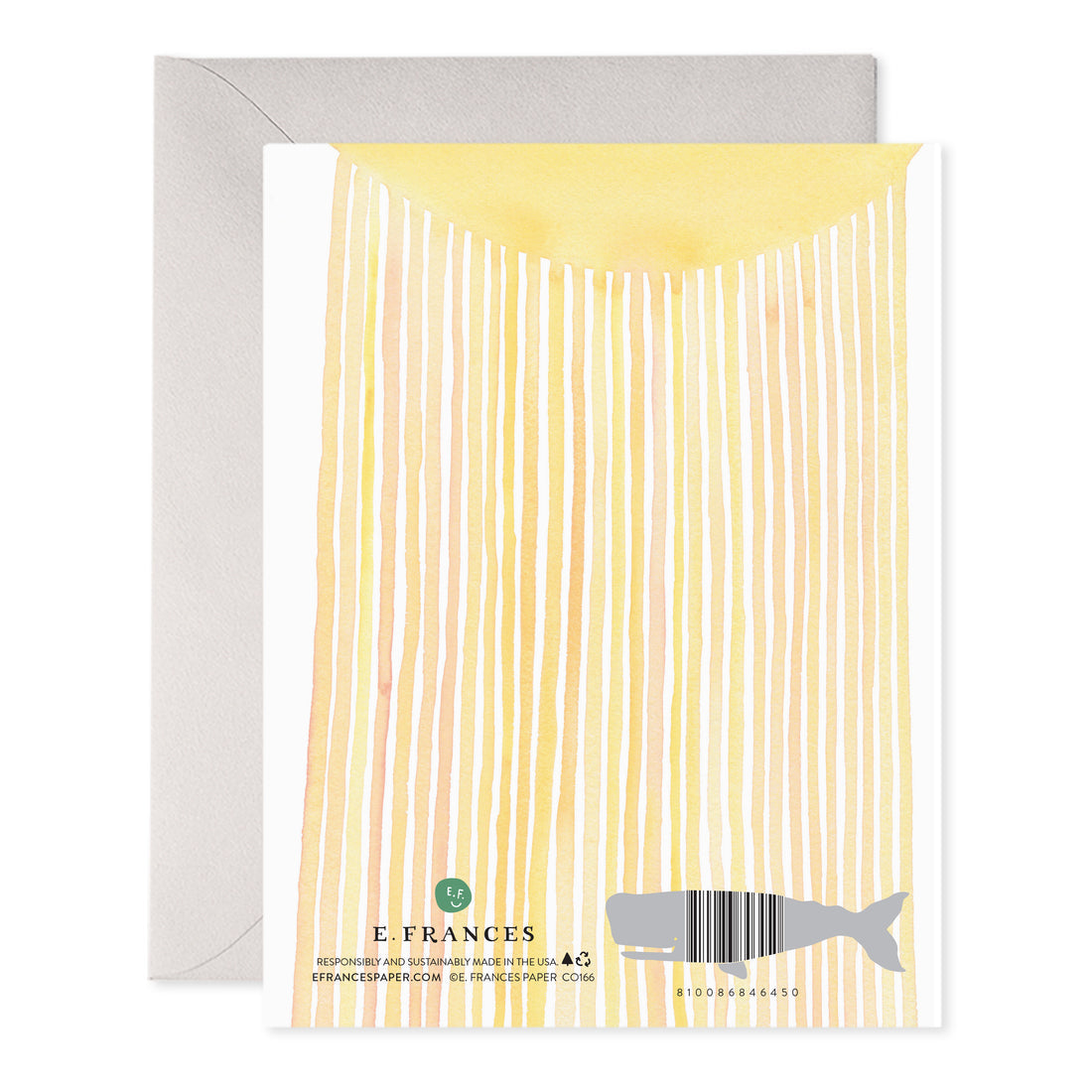 Sympathy card back with yellow vertical stripes, barcode, and E. FRANCES stamp