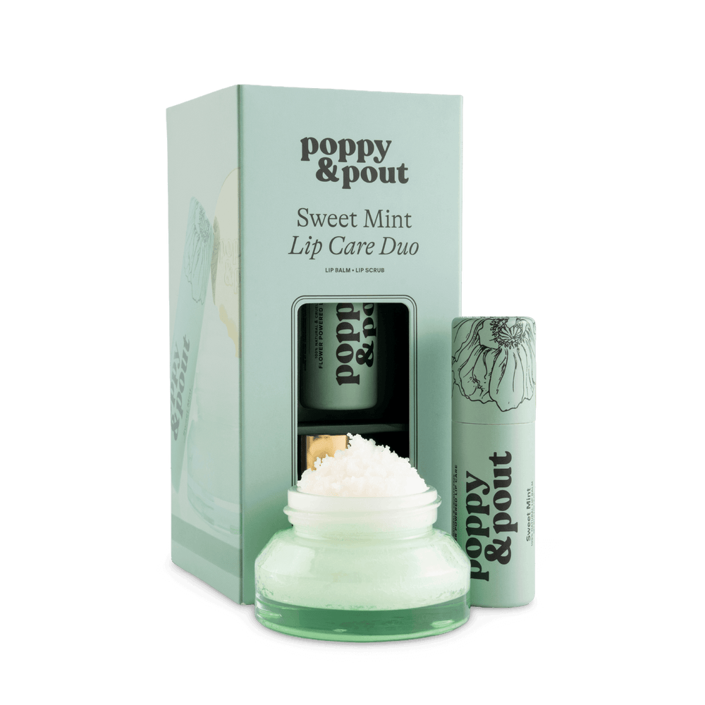 Sweet mint lip care duo: lip scrub jar, lip balm in tube, gift box