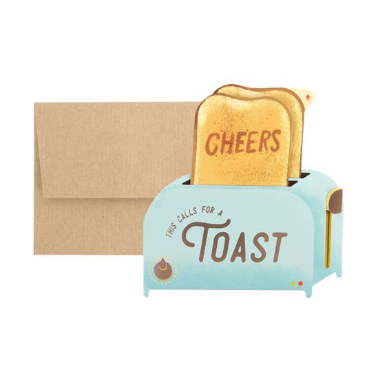 Pop-up toaster greeting card with toast graphic and “Cheers” headline