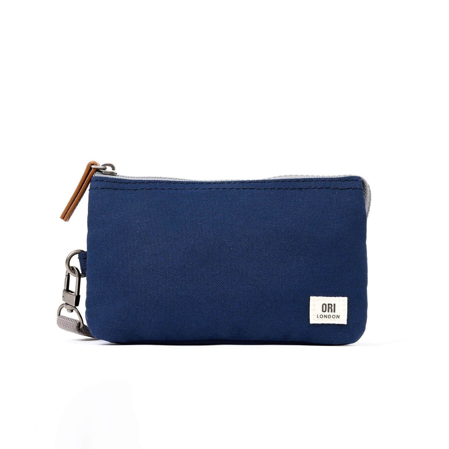 Medium recycled canvas zipper pouch in solid navy with OBI London label and key ring.