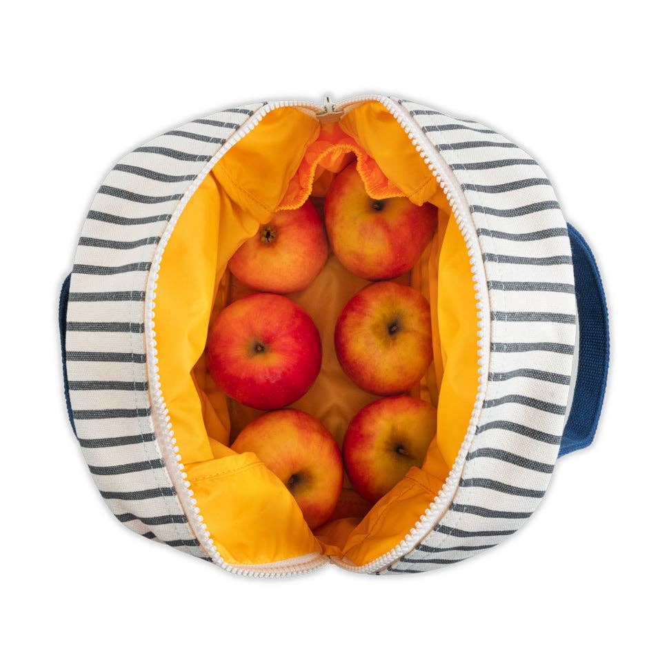 Zipper lunch bag with striped fabric, open top showing yellow lining and apples inside