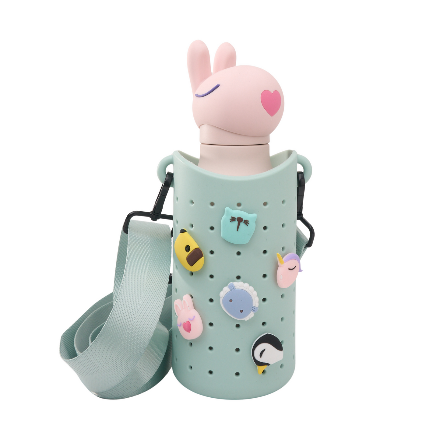 Koala-themed mint green sling bag with perforated body, animal patches and light strap
