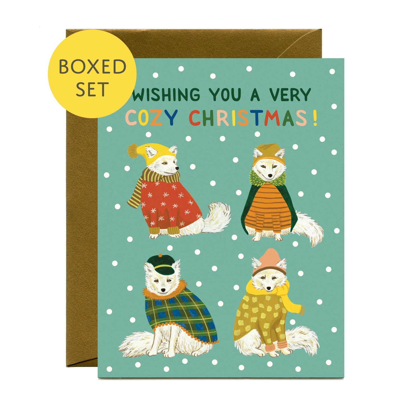 Boxed set of 8 Christmas greeting cards, teal with cozy foxes and “Cozy Christmas” text