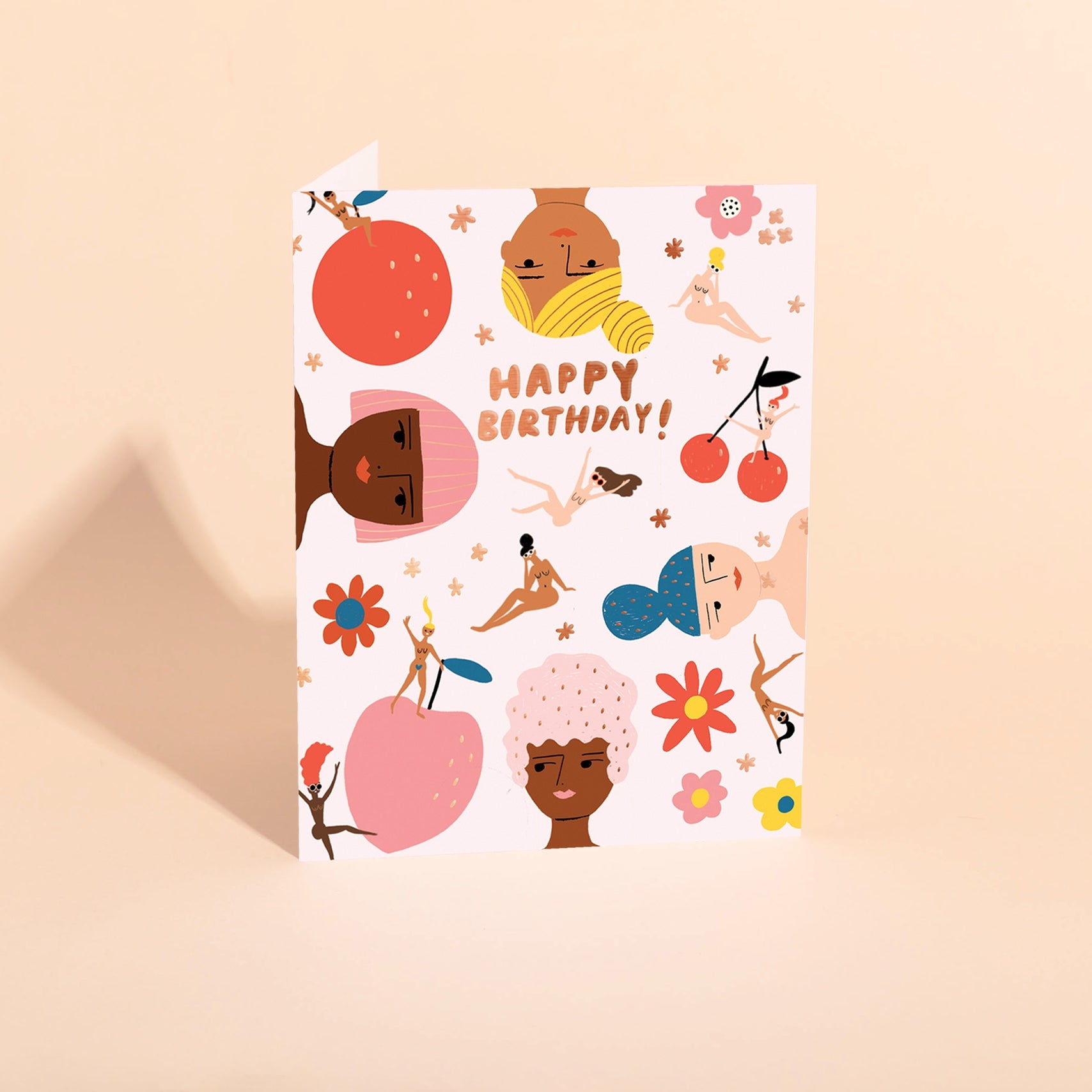Birthday greeting card with fruit-themed illustration and Happy Birthday! text