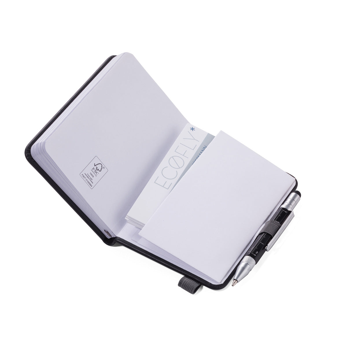 Light gray open mini notebook with pen, elastic strap, inner pages visible
