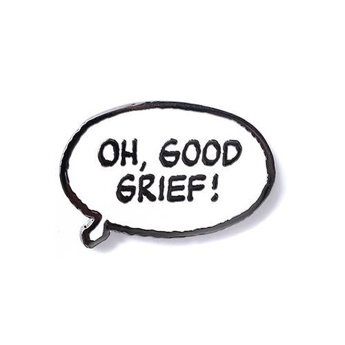 Enamel-style Peanuts pin with black speech bubble reading “Oh, good grief!”