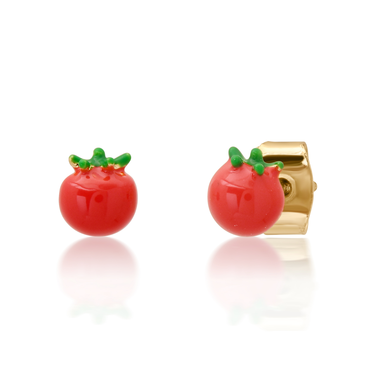 Red tomato enamel post earrings with green leaves, gold-toned backs